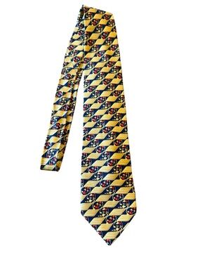 Pierre Balmain Paris 100% Silk Floral Geometric Necktie Gold Navy Red 3.5”